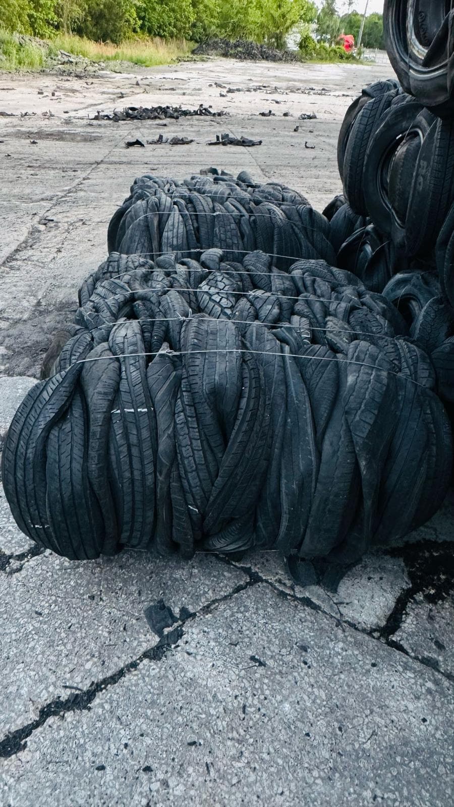 Compressed passenger and light-truck tire bales at the collection yard