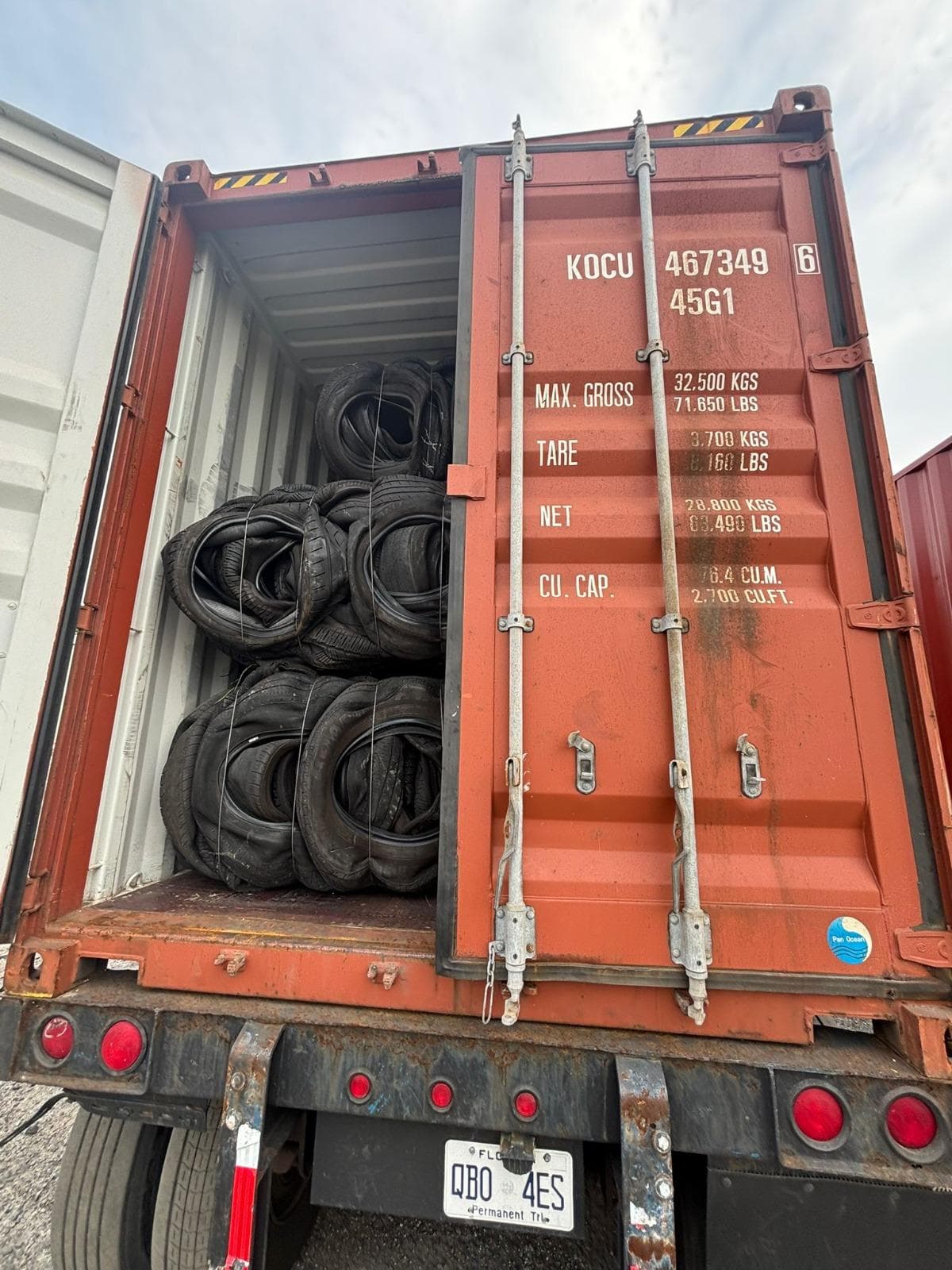 Scrap tire bales loaded into a 40-foot high-cube export container